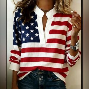 American Flag V-Neck Long Sleeve Top - Red, White & Blue